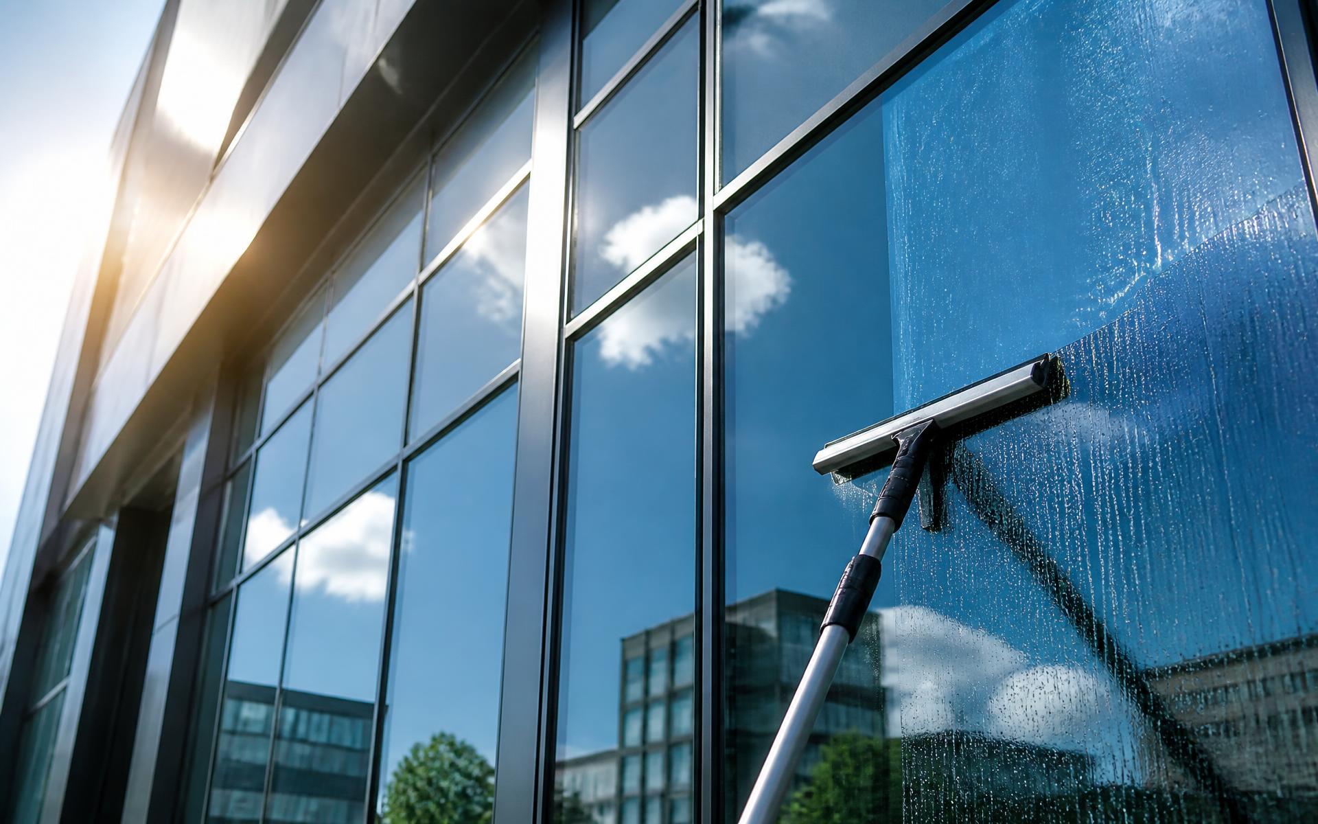 Streifenfreie Glasreinigung an einer modernen Bürofassade in Düsseldorf